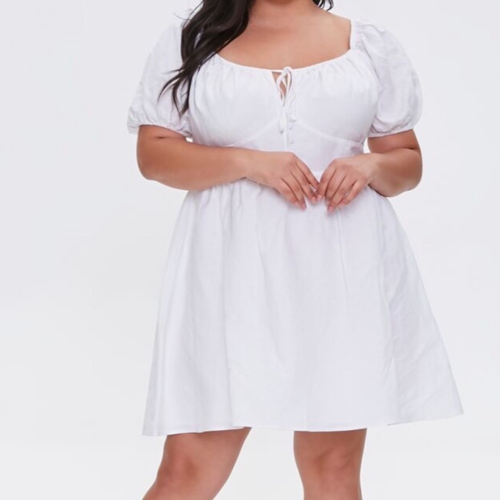 Plus Size Linen Puff Sleeve Mini Dress